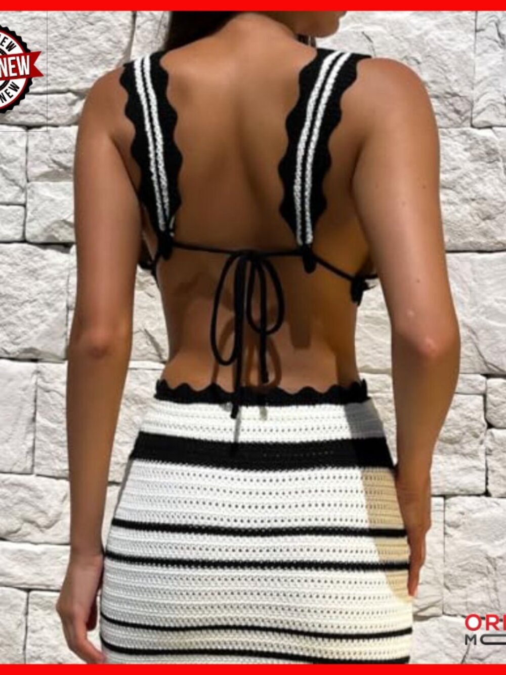 Striped Two Piece Set Deep V Neck Sleeveless Crop Top Midi Skirt - Picture 2 of 7